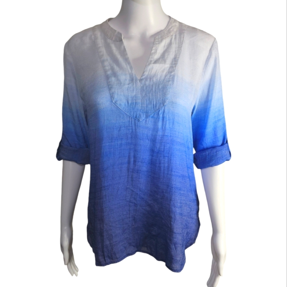 IVANKA TRUMP Blue White Umbre V-Neck ¾Sleeve Linen blouse Size Small / medium
